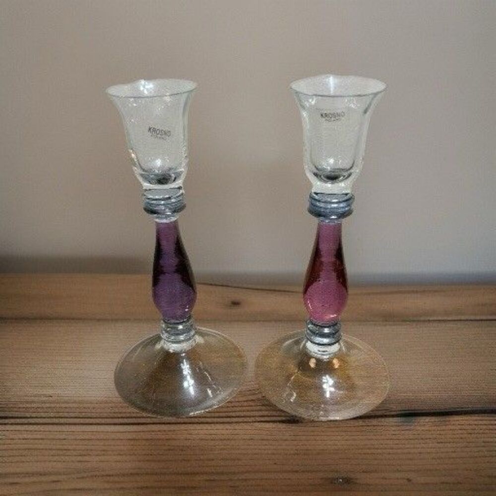 Krosno Glass Candle Holder Pair Clear Pink Purple  Blue Poland  Candlesticks